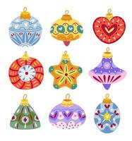 Decorative Christmas tree toys hand-drawn. Retro decorations for the Christmas tree. Vector flat illustration.