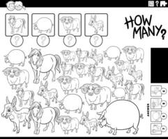 how many cartoon farm animals counting game coloring page vector