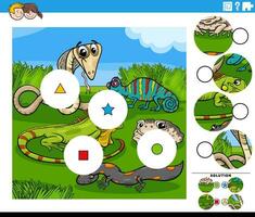 match pieces game with cartoon reptiles and amphibians animals vector