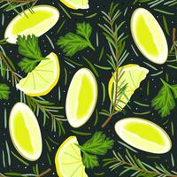 Vector seamless pattern with lemons and rosemary on dark green background