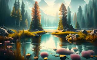 Ethereal Beauty Unveiled, Mystical Tranquility at a Misty Forest Pond. AI Generated photo