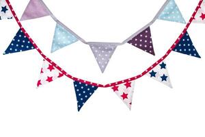 Party triangle bunting flags hanging on the rope. Isolated on white  background. photo