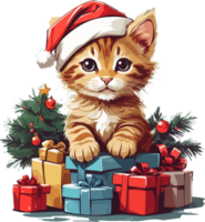 Kitten wear Santa Hat with Christmas Decoration Illustration AI Generative png