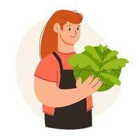 A farmer woman with a cabbage in her hands. Vegan food. Harvesting. Flat vector lustration.