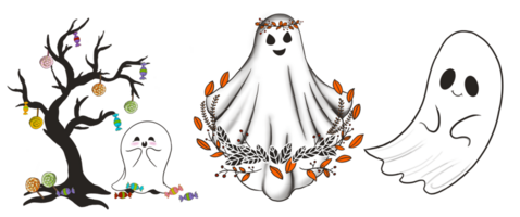 un conjunto de 3 fantasma hojas con sensación bueno y algunos bonito accesorios, aislado imagen, digital mano dibujar y pintar. png