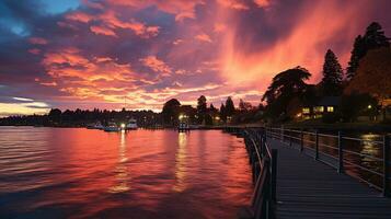 Serene Beauty of a Pier at Sunset Reflections in the Water, AI Generative photo