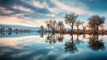 Generative AI, Reflections landscapes mirrored in water creating stunning reflections photo