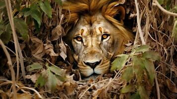 Mastery of Concealment The Lion's Camouflage, AI Generative photo