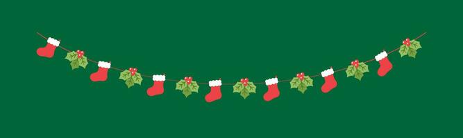 Christmas Stocking and Mistletoe Garland Vector Illustration, Christmas Graphics Festive Winter Holiday Season Bunting