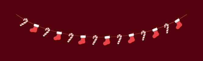 Christmas Stocking and Candy Cane Garland Vector Illustration, Christmas Graphics Festive Winter Holiday Season Bunting