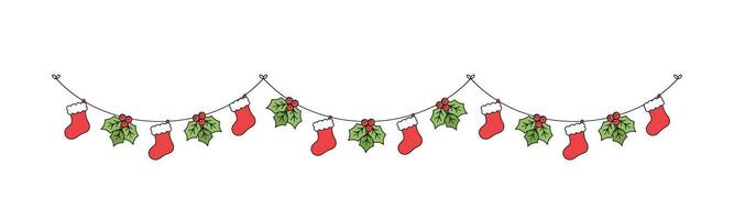 Christmas Stocking and Mistletoe Garland Vector Illustration, Christmas Graphics Festive Winter Holiday Season Bunting