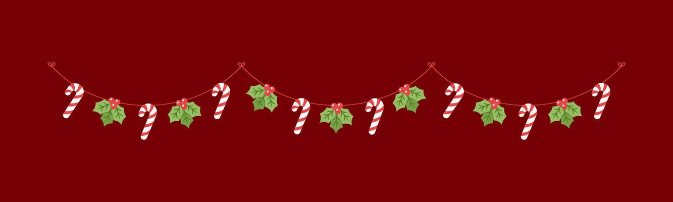 Mistletoe and Candy Cane Garland Vector Illustration, Christmas Graphics Festive Winter Holiday Season Bunting