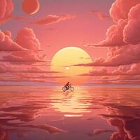 view a sunset with people cycling illustration background template photo