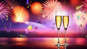 ai generativ, zwei Champagner im luxuriös Gläser, mit ein schön Neu Jahre Vorabend Feuerwerk Hintergrund video