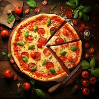 A slice of Italian pizza with mozzarella cheese crispy on the table photo