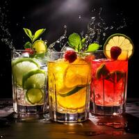 Fresh drink cocktails with colorful ice lemon lime and fruits photo