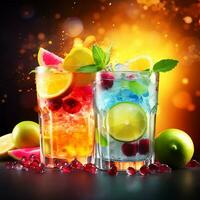 Fresh drink cocktails with colorful ice lemon lime and fruits photo