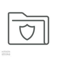 Secured documents, unlock folder verify icon. Secure file with guard shield. Document protection. security confidential information Editable stroke Vector illustration Design on white background EPS10