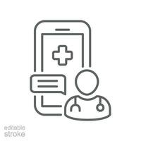 Online consulting icon. online phone medical help for health consultation, emergency telephone. Telemedicine. line pictogram. Editable stroke Vector illustration. Design on white background. EPS 10