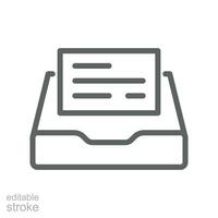 Documents drawer icon. Open new mail. Cabinet archive, file drawer, office storage, business document inbox, paper drawer. Line Editable stroke Vector illustration. Design on white background. EPS 10