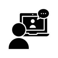 Video meeting remote icon. remote working Virtual discussion with people on computer screen. Digital conference seminar. Webinar symbol. Solid, glyph vector illustration on white background. EPS 10