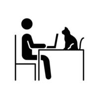 Human figure work on laptop with cat on table. graphic designer lifestyle. Freelance working from home office. solid pictogram. Glyph style. vector illustration. Design on white background. EPS 10