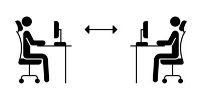 nuevo normal concepto en trabajo oficina escritorio icono. dos personas laboral, sentar a su escritorio con un computadora. mantener social distancia en trabajo sitio en covid19 pandemia. glifo estilo. vector ilustración. eps 10