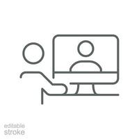 Video meeting icon. Virtual conference with People on computer screen. Remote working from home office. Digital communication. Editable stroke Vector illustration. Design on white background. EPS 10