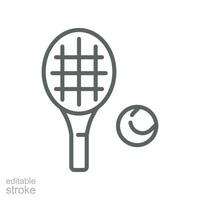 raqueta y tenis pelota, deporte icono. jugar tenis juego con raqueta. pictograma línea estilo logo símbolo para móvil aplicación y sitio web. editable carrera vector ilustración. diseño en blanco antecedentes. eps 10