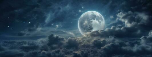 Romantic Moon In Starry Night Over Clouds. AI generated photo