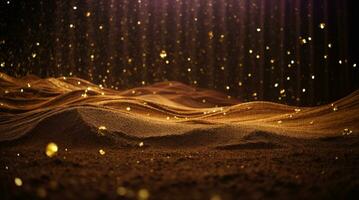 Dark brown background, digital signature with particles, sparkling waves, curtains and areas with deep depths. The particles are golden light lines.. AI generated photo