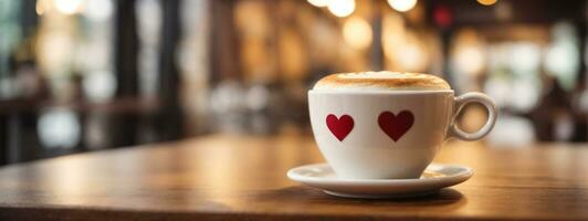 Close up white coffee cup with heart shape latte art on wood tab. AI generated photo