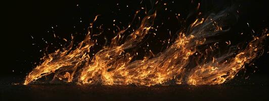 Detail of fire sparks isolated on black background. AI generated photo