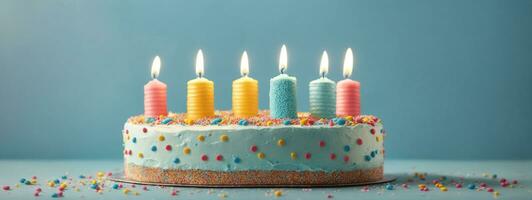 Birthday cake decorated with colorful sprinkles and  candles. AI generated photo