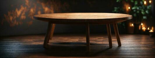 Wooden table with dark blurred background.. AI generated photo