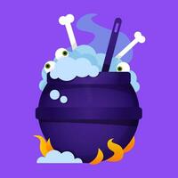 Witch's cauldron with blue boiling potion in the middle and eyes and bones vector