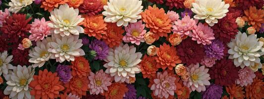 Flowers wall background with amazing red,orange,pink,purple,green and white chrysanthemum flowers ,Wedding decoration, hand made Beautiful flower wall background. AI generated photo