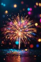 Colorful firework with bokeh background. New Year celebration, Abstract holiday background. AI generated photo