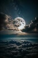 Romantic Moon In Starry Night Over Clouds. AI generated photo