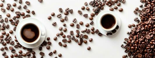 hot espresso and coffee bean on white table with soft-focus and over light in the background. top view. AI generated photo