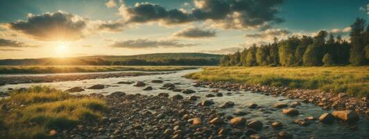 forest river with stones on shores at sunset. AI generated photo