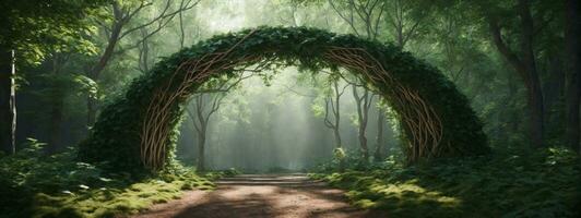 Natural archway shaped by branches in the forest. AI generated photo