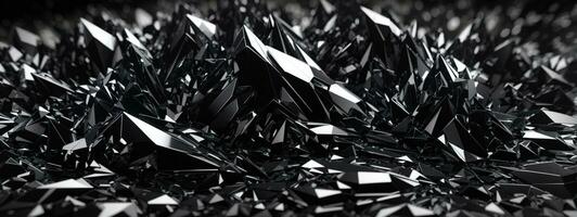 3d render, abstract black crystal background, faceted texture, macro panorama, wide panoramic polygonal wallpaper. AI generated photo