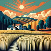 color illustration of a cute farmhouse with wheat fields. symbol of farming, eco-friendly products photo