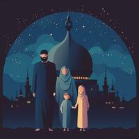 a family in Muslim clothes stands against the backdrop of a mosque, night starry sky. Ramadan holiday photo