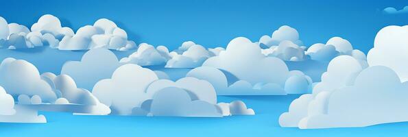 horizontal banner with blue sky and white clouds in cut paper style, flat. photo