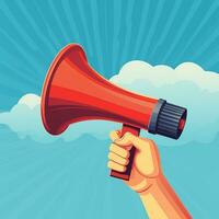 3D image, hand with a red megaphone. symbol of attention, protest photo