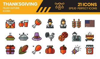 Thanksgiving filled outline icons set vector