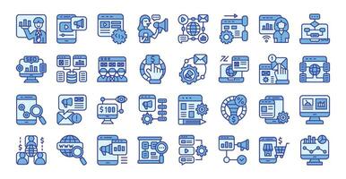 Online marketing blue colored outline icons set. The collection includes business and development, programming, web design, app design, and more vector