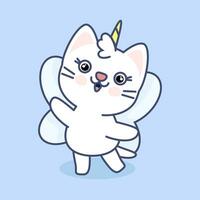 Cute white kawaii cat with unicorn horn and wings vector